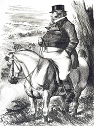 Karikatur, die John Bull zeigt, wie er Herbstmanöver beobachtet