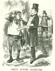 Großes Herbstmanöver: Gladstone dachte, dass schließlich das Wahlrecht den Landarbeitern (Hodge) gegeben werden müsse. Zu dieser Zeit war seine Amtszeit wackelig und Disraeli wartete darauf, seinen Platz einzunehmen. John Tenniel Karikatur aus Punch, Londo