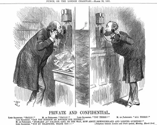 Eröffnung der anglo-französischen Telefonleitung. Der britische Premierminister (Lord Salisbury) im Gespräch mit dem französischen Präsidenten (Sadi Carnot). John Tenniel Karikatur aus Punch, London, 28. März 1891. Holzstich.