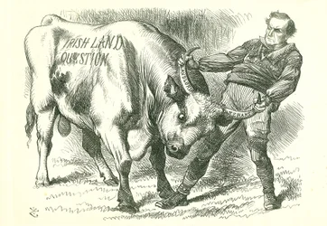 Den (irischen) Stier bei den Hörnern packen: Gesetz, das am 15. Februar 1870 vom Parlament verabschiedet und am 8. Juli die königliche Zustimmung erhielt. Premierminister William Gladstone befasst sich mit dem Thema. John Tenniel Karikatur aus Punch, Londo