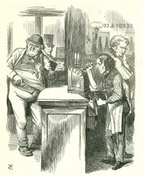 Der ehrliche Topfjunge: Reform des Parlaments - Erweiterung des Wahlrechts. Disraeli serviert John Bull die Reform, beobachtet von seiner parlamentarischen Opposition. Er führte und verabschiedete sein Reformgesetz. Tenniel Karikatur aus Punch, London