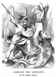 Vereinigung Italiens: Giuseppe Garibaldi (1807-1882), italienischer Patriot, erobert Sizilien und Neapel im Namen des neuen Königreichs Italien. John Tenniel Karikatur aus Punch, London
