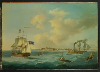 Eine 44-Kanonen-Fregatte, ein Passagierdampfer und andere Schiffe vor St. Peter Port, Guernsey, 1825