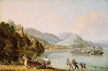 Ein italienischer Hafen mit einem genuesischen Chebec vor Anker