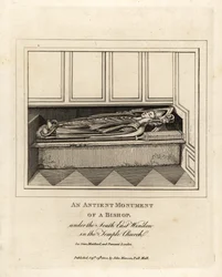 Altes Denkmal eines Bischofs unter dem südöstlichen Fenster der Temple Church aus dem 12. Jahrhundert, London