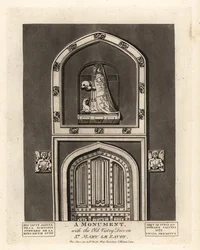 Grabfigur von Alicia, Tochter von Simon Steward, mit der alten Sakristeitür in St. Mary le Savoy