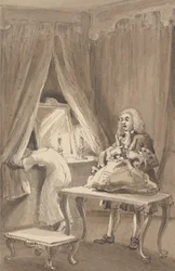 Hogarth, nachdem seine Frau ein neues Nachthemd angezogen hatte, packt ihre Sachen, um sie an Sir James Thornhill zu senden, mit einem Brief, in dem er ihm sagte, 