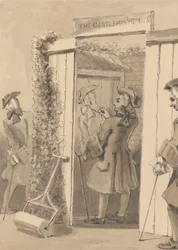 Hogarth, der seiner Zeit voraus ist, zeichnet die Figur seines Begleiters an die Tür eines bestimmten Ortes, zur großen Bewunderung all seiner Freunde