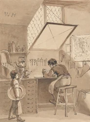 Hogarth graviert das Schild seines Meisters, das Zeichen des Engels