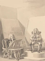Hogarth Fertigt ein Porträt von H. Fielding für einen Buchhändler an, aus den Zügen von Garrick, der sich eine der Perücken des Autors für diesen Zweck ausgeliehen hat, da es kein echtes Porträt von ihm gibt