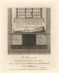 Denkmal von Lady Frances Kniveton, Herzogin von Dudley, Ehefrau von Sir Gilbert Kniveton, in der Kirche St. Giles in the Fields