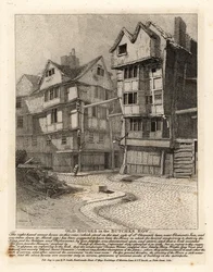 Alte Häuser in der Butcher Row, London. Das Eckhaus auf der rechten Seite in der St. Clement’s Lane wurde angeblich von den Anführern des Schießpulverkomplotts genutzt