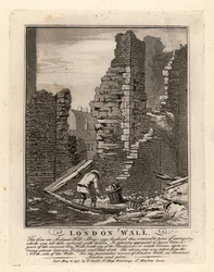 Ruinen der römischen Londoner Mauer, freigelegt durch das Feuer im Mai 1792 auf dem Ludgate Hill