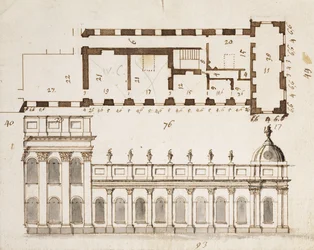 Castle Howard, Yorkshire: Ein früher Entwurf für die drei Buchten der Erhebung der Süd- oder Gartenseite und neun Buchten einstöckiger seitlicher Flügel mit einem Ausschnitt des Grundrisses, ca. 1699