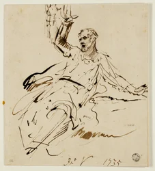 Sitzende männliche Figur mit erhobenem Arm