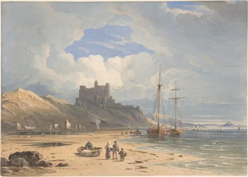 Bamburgh Castle von Nordosten, mit Holy Island in der Ferne, Northumberland
