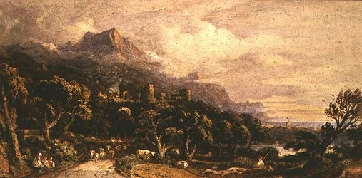 Landschaft mit Schloss und Berg