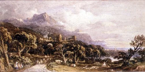 Landschaft mit Schloss und Berg