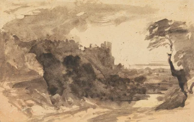 Romantische Landschaft mit einer Burg und einem Baum rechts