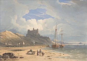 Bamborough Castle von Nordosten, mit Holy Island in der Ferne, Northumberland, 1827