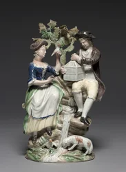 Gruppe mit Vogelkäfig, hergestellt von der Staffordshire Fabrik, ca. 1770