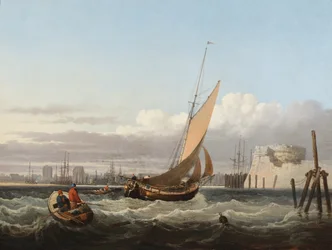 Ein Werftleichter dreht in den Hafen von Portsmouth ein