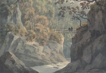 Alpenbrücke und Waldlandschaft in der Nähe von Pistil y Maw