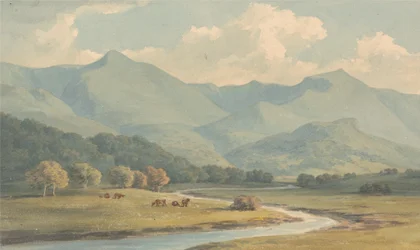 Carnedd Llewelyn und Carnedd David, Carnarvonshire, gesehen über den Fluss Ogwen