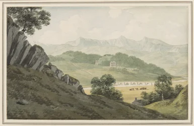 Llanelltyd-Brücke über den Maw, auf der Straße zwischen Barmouth und Dolgellau, Blick auf Hengwrt und weiter auf Cader Idris, Merionethshire, 16. Juli 1790