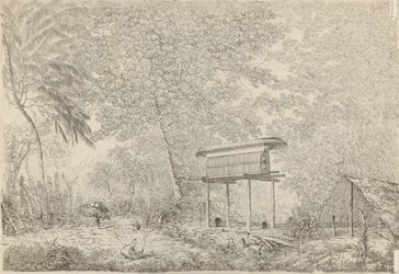 Ein Toopapapoo eines Häuptlings, mit einem Priester, der sein Opfer dem Morai in Huoheine darbringt