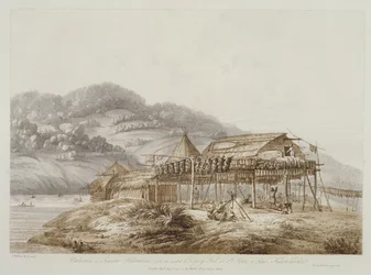 Balagans oder Sommerbehausungen, mit der Methode des Fischtrocknens in St. Peter und Paul, Kamtschatka, aus 