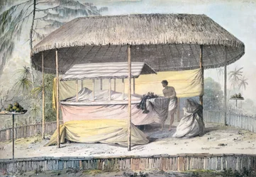 Beerdigung mit Verstorbenem unter einem Baldachin, Tahiti, Gesellschaftsinseln, Aquarell von John Webber aus der Beschreibung von Captain James Cooks letzter Reise, Polynesien