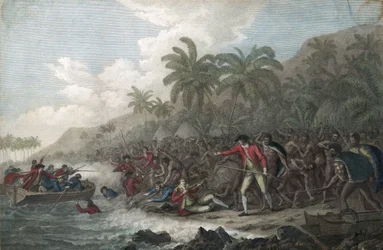 Kapitän James Cook (1728-1779, britischer Entdecker), von den hawaiianischen Ureinwohnern in der Kealakekua-Bucht auf den Sandwichinseln (Polynesien) getötet, am 14. Februar 1779