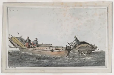 Zwei kleine Boote, mit drei Figuren in einem und zwei im anderen