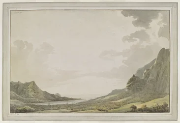 [Gesamte Zeichnung]. Ein Blick vom Aimeo-Hafen [Papetoai-Bucht] hinaus aufs Meer; die Masten der 