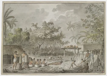 Menschliches Opfer am großen Morai in Attahouroo, Tahiti, beobachtet von Captain Cook am 1. September 1777