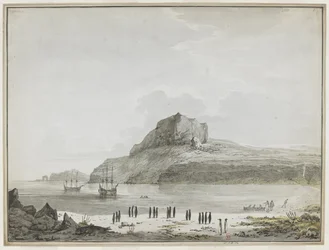 [Gesamte Zeichnung] Ansicht des Weihnachts-Hafens, Kerguelen-Insel, mit der Discovery und der Resolution vor Anker. Zwei Schiffsboote sind draußen, eines landet Seeleute am Ufer. Im Vordergrund zwanzig Pinguine in Gruppen und ein Seelöwe. 25.-30. Dezember 