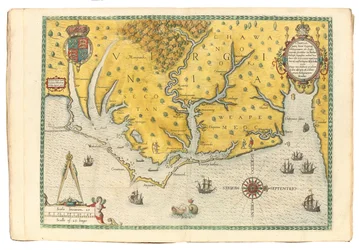 Karte von Virginia, die die Ankunft der Expedition von Sir Walter Raleigh im Jahr 1585 zeigt