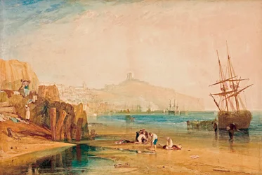 Blick auf Scarborough am frühen Morgen, Kinder jagen Krabben