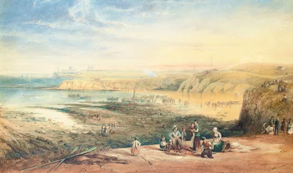 Cullercoats in Richtung Tynemouth, Northumberland, mit Fischern im Vordergrund, 1836
