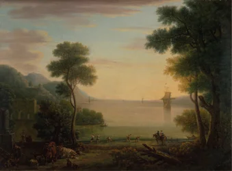 Klassische Landschaft mit Figuren und Tieren: Sonnenuntergang
