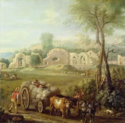 Heuwagen passiert eine verfallene Abtei, ca. 1740-50
