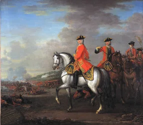 König Georg II. in der Schlacht bei Dettingen, mit dem Herzog von Cumberland und Robert, 4. Earl of Holderness