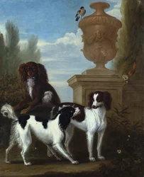 Drei Spaniels bei einer Urne in einer bewaldeten Landschaft