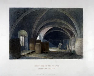 Krypta mit Fässern unter der Kapelle im Lambeth Palace, London