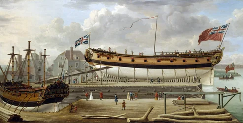 Ein Sechstratenschiff der britischen Royal Navy im Trockendock, wahrscheinlich in der Werft von Rotherhite an der Südbank der Themse