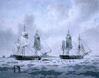 Die Schiffe der Expedition von Lord Mulgrave, eingebettet im Eis in den Polarregionen