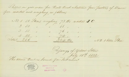 Notiz von Johnson Gardner, Crossings of Yellow Stone, 18. Juli 1832