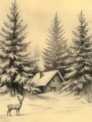 Rustikale Winterhütte mit Hirsch