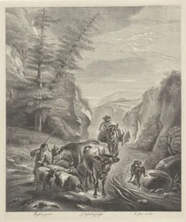 Hirten mit Vieh auf einem Bergpfad